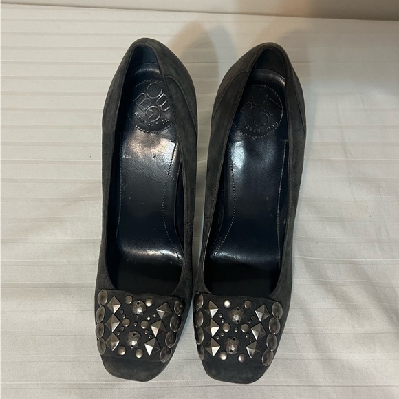 BCBG Galena Grey Suede Studded Jeweled Square Toe Heels Pumps SZ 6.5 - Picture 5 of 11